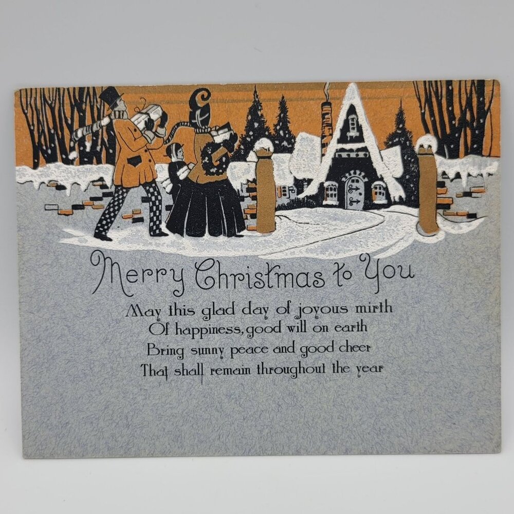 Merry Christmas Folded Vintage Card Snowy Scene Holiday‎ Cheer Orange Textured